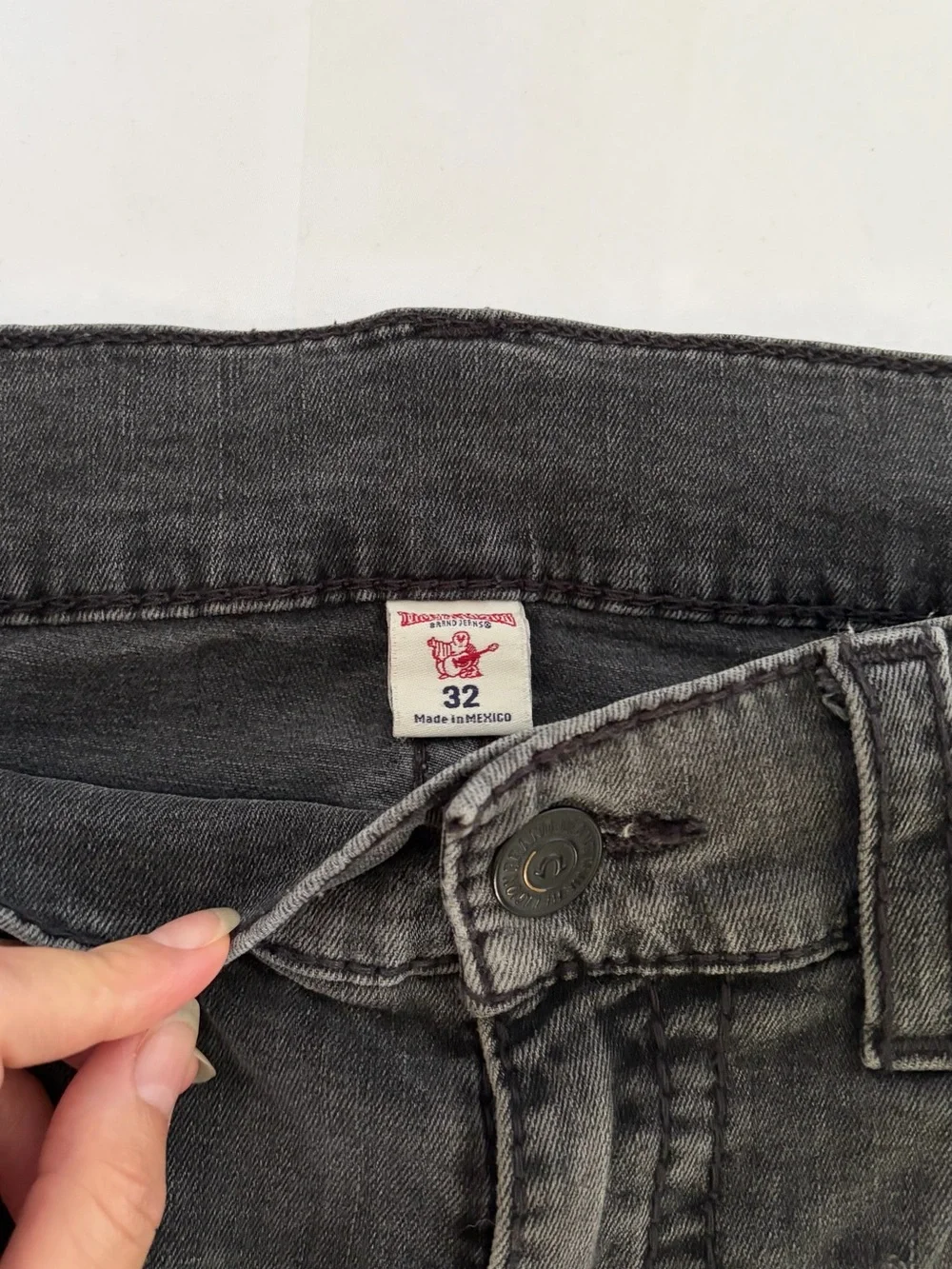 True Religion Straight Grey Acid Wash Paint Splatter Jeans